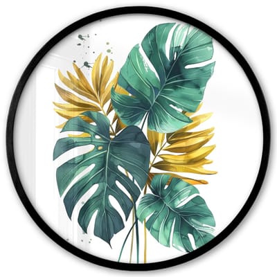 Poster in lijst Rond - Fotolijst 40x40 cm - Posters - Bladeren - Monstera - Groen - Goud - Modern - Ronde posterlijst zwart - Decoratie - Wanddecoratie woonkamer - Muurdecoratie slaapkamer