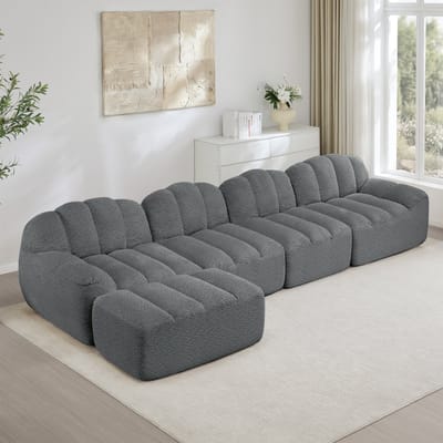 MODENUIT Hoekbank 4-Zits - Modulair Met Ottoman En Frameloos Ontwerp - Voor Woonkamer - Fleece Stof - Grijs