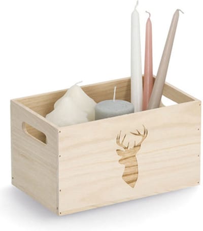 Zeller Opberg box/kist - naturel - hout - gestempeld hertenmotief - 25 x 15 x 14 cm - speelgoed opbergen