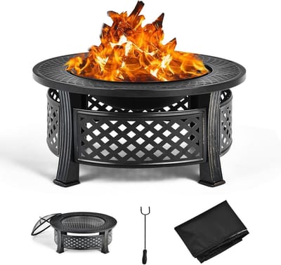 Grote Vuurschaal Buiten met BBQ Grillrooster en Afdekhoes, 3-in-1 Terrasverwarmer