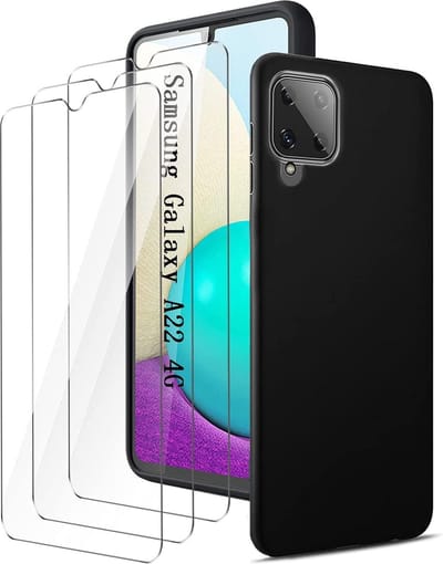 Silicone hoesje zwart met 3 Pack Tempered glas Screen Protector Geschikt voor: Samsung Galaxy A22 5G