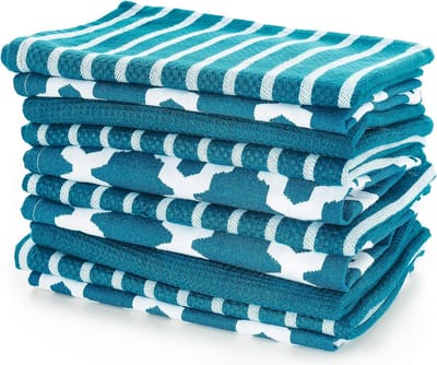 Set van 10 theedoeken 100% katoen - Zacht - Duurzaam - Elegant blauw design met meerdere motieven Afmetingen - 65 x 45 cm,Pak van 10,Lichtblauw