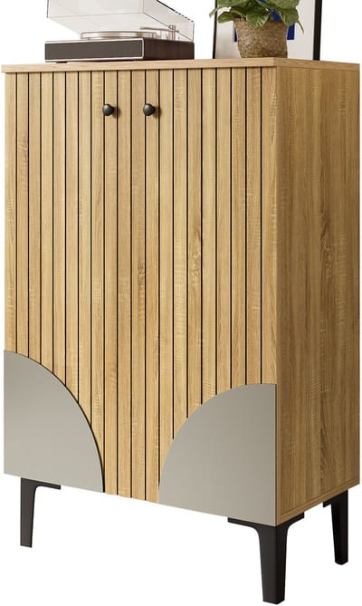 Schoenenkast - Houten Schoenenopberger met Deuren en Regalfakken - Ruimtebesparend Ontwerp - Hout en Metaal - Naturel