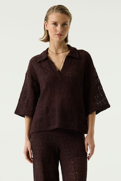 GARCIA Dames Effen Blouse Bruin 3/4 sleeve