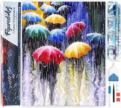 Figured'Art Diamond Painting set Volwassenen 40x50 cm Paraplu's in de regen - 5D DIY Art full drill vierkante diamant - Opgerold canvas