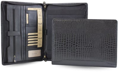 Fana Bags Leren Schrijfmap A4 Zwart Croco - Luxe Leren Conferentiemap met Rits - Businessmap - Werkmap - Documentatiemap