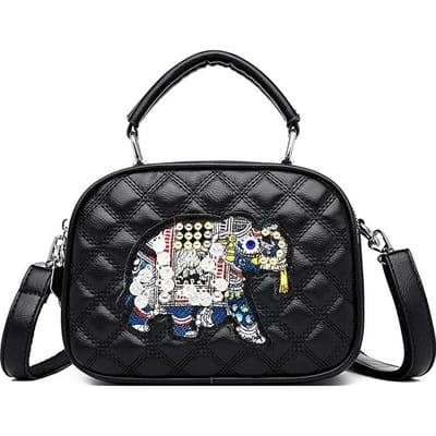 Sac à bandoulière Sac bandoulière Sac à fermeture éclair à trois couches Sac de style ethnique Sac à losanges brodé Éléphant Rivets gray