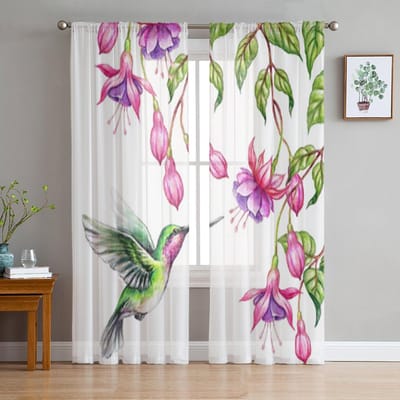Vogel Plant Bloemen En Bladeren Tule Gordijnen Voor Woonkamer Keuken Raam Gordijnen Huisdecoratie Transparant Gordijn Voor Kinderkamer 135W x 114H(cm) white