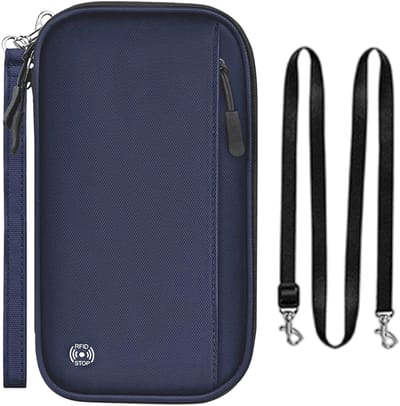 longziming -RFID-Blokkerende Reis Paspoort Portemonnee – Familie Reisdocumenthouder met 4 Paspoortvakken & 11 Kaartsleuven – PU Leer – Met Polsband & Schouderriem – Blauw – 23×13×3 cm – 1 Stuk