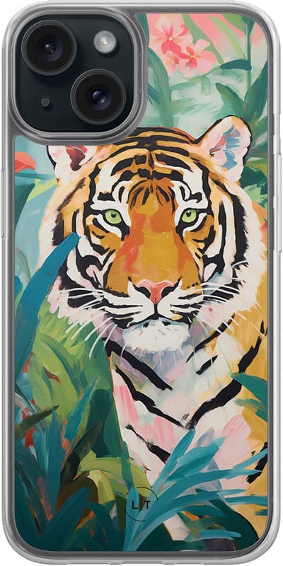 Hoesje geschikt voor iPhone 15 - Tijger in de jungle - 2in1 backcover - Print / Illustratie - Multi - Leuke Telefoonhoesjes