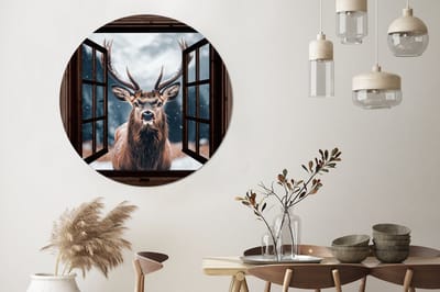 WallCircle - Wandcirkel - Muurcirkel - Doorkijk - Hert - Dieren - Landschap - Winter - Sneeuw - Landelijk - Aluminium - Dibond - 120x120 cm - Binnen en Buiten XXL