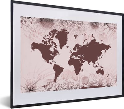 Poster in lijst - Fotolijst 60x40 cm - Posters - Wereldkaart - Bloemen - Paars - Posterlijst zwart - Decoratie - Wanddecoratie woonkamer - Muurdecoratie slaapkamer