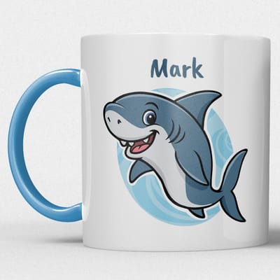 kindermok/kinderbeker | gepersonaliseerd met naam | met haai | blauw | Schattige illustraties