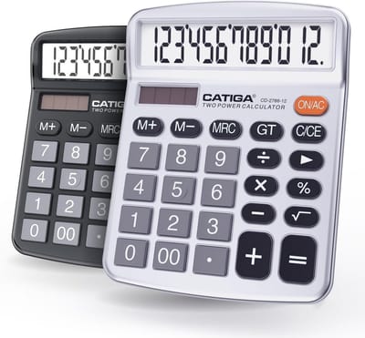 Desktop Calculator (2PCS) 12-Digit with Large LCD Screen and Sensitive Button, Solar Power and Battery Dual Power, Stand Function for Office, Home, School, CD-2786 (Black/Silver)
