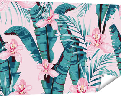 Gards Tuinposter Tropische Roze Zomer Bloemen met Bladeren - 120x80 cm - Tuindoek - Tuindecoratie - Wanddecoratie buiten - Tuinschilderij