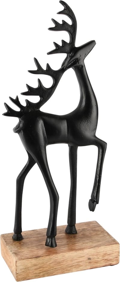Dekoratief | Deco hert op voet, zwart/naturel, metaal/hout, 16x9x38cm | A248393