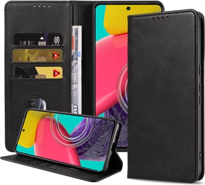 Smartphonica Telefoonhoesje geschikt voor Samsung Galaxy M53 kunstleren Hoesje met Magnetische sluiting en Pasjeshouders Book Case met Klepje - Zwart geschikt voor Samsung Galaxy M53 5G