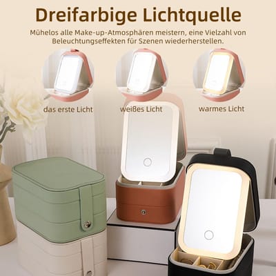 Dailygoods- Make-uptas met verlichte spiegel - Draagbare make-uptas - Organizer met 3 lagen - Opbergdoos voor sieraden - Robuuste constructie - Driekleurige verlichting