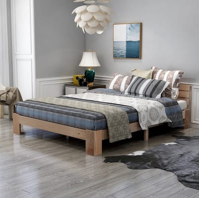 MEUNIQ tweepersoonsbed 140x200 cm met hoofdbord en lattenbodem, houten bedframe van grenenhout, 144x210x67,5 cm, normaal bed voor slaapkamer, naturel