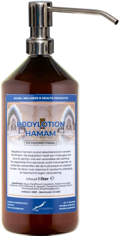 Bodylotion Hamam 1 Liter met luxe RVS zilverkleurige pomp - stijlvolle en duurzame uitstraling
