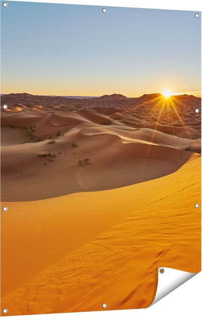 Gards Tuinposter Woestijn in de Sahara met een Opkomende Zon - 90x120 cm - Tuindoek - Tuindecoratie - Wanddecoratie buiten - Tuinschilderij
