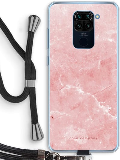 Case Company® - Hoesje met koord geschikt voor Xiaomi Redmi Note 9 hoesje met Koord - Roze marmer - Telefoonhoesje met Zwart Koord - Bescherming aan alle Kanten en Over de Schermrand