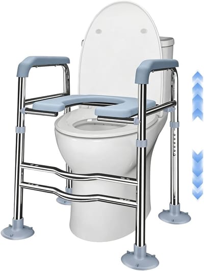 Verhoogde toiletstoel met armleuningen, verstelbaar voor ouderen en personen met een beperking, tot 150 kg. Comfortabel en veilig voor zwangere vrouwen en revalidatie.