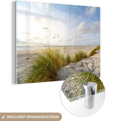 MuchoWow® Glasschilderij 160x120 cm - Schilderij acrylglas - Strand - Zee - Vogels - Foto op glas - Muurdecoratie woonkamer - Wanddecoratie slaapkamer - Schilderijen