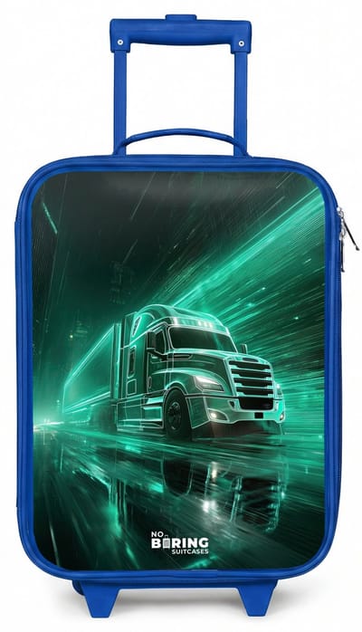 NoBoringSuitcases.com® - Kinderkoffer blauw - Kindertrolley jongen - Vrachtwagen - Neon - Groen - Stad - Koffer kind lichtgewicht - Reiskoffer trolley voor kinderen - Koffertje met lichtgevende wieltjes - Rolkoffer