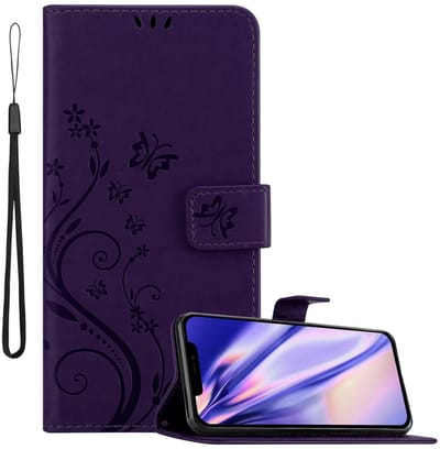 Cadorabo Hoesje geschikt voor Apple iPhone 13 MINI in BLOEMEN DONKER PAARS - Beschermhoes in bloemmotief met magnetische sluiting, standfunctie en kaartsleuven Book Case Cover Etui