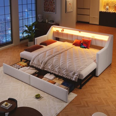 Slaapbank 90x200 cm - Met Uitschuifbed En 2 Lades - LED Lichtstrip En Usb - Stof - Beige