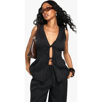 boohoo Dames Geweven vest met strikdetail en geplooide voorkant | Zwart | Maat: 38