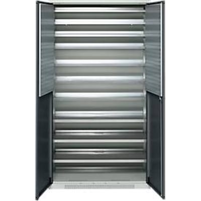 Schäfer Shop Genius tijdschriftenkast FS, 5 OH, afsluitbaar, 10 legborden, 2 geperforeerde legborden, tot 450 kg, B 1055 x D 520 x H 1950 mm, lichtgrijs/antracietgrijs