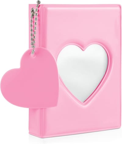 Fotokaartmap voor mini foto's, 7,5 cm, met 32 zakken en hart hanger - Roze fotohouder voor herinneringen en kaarten