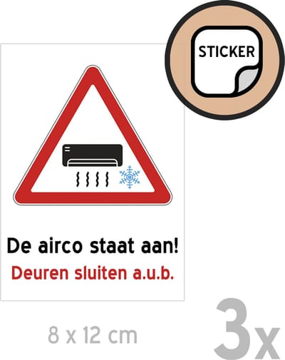 Pictogram/ stickers (3x) | "De airco staat aan! Deuren sluiten a.u.b." | 8 x 12 cm | Besparing | Besparen | Retail | Winkel | Afkoeling | Zomer | Hittegolf | Airconditioning | Sticker | 3 stuks