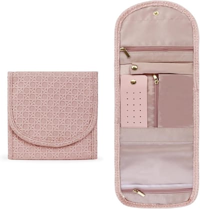 Compacte Reistas voor Sieraden met Oorbellenstandaard en Ringhouder, Vouwbare Sieradenopberger voor Ringen, Oorbellen, Kettingen en Armbanden (Roze)