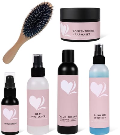 hair2heart verzorgingsset voor extensions - Grote set met borstel, shampoo, haarmasker, olie, kuur en hittebescherming - Voor soepele, ontwarde en verzorgde extensions van echt haar