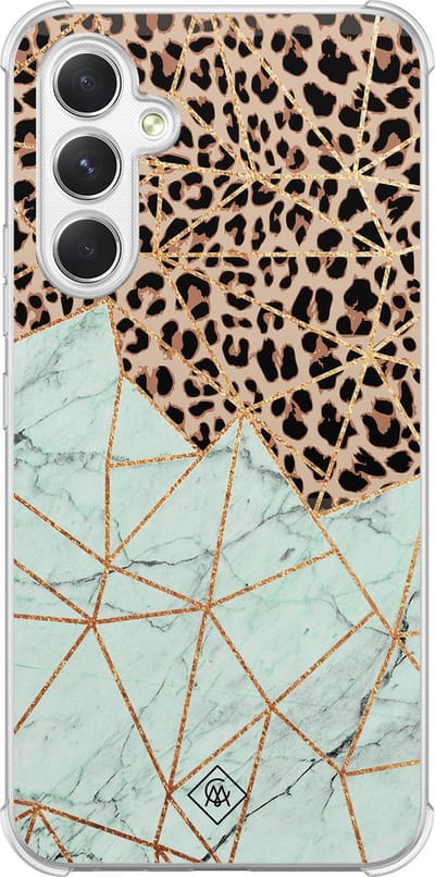 Casimoda® hoesje - Geschikt voor Samsung Galaxy A15 - Luipaard Marmer Mint - Shockproof case - Extra sterk - TPU/polycarbonaat - Mint, Transparant