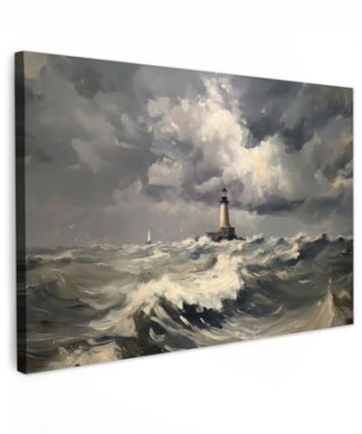 Canvas Schilderij 120x80 cm Kamer Muur Decoratie Woonkamer Slaapkamer - Vuurtoren Golven Storm