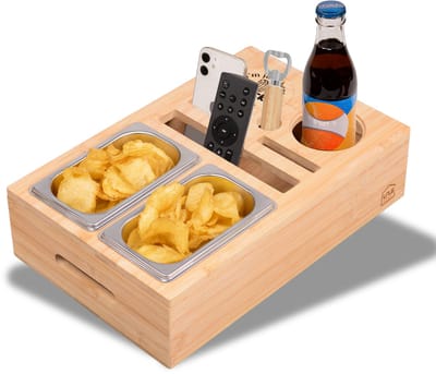 UNUS® Bamboe bankbar snackbox en bankdienblad met 2 roestvrijstalen snackbakjes, drankhouders en telefoon en tablethouder
