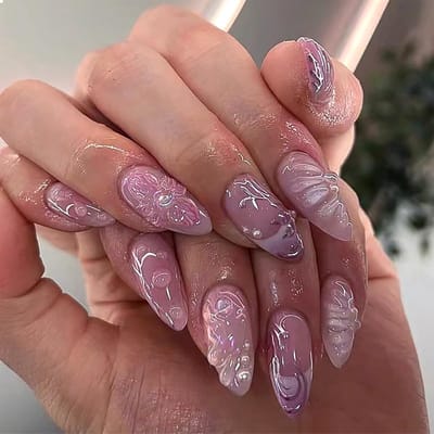 Allecto - 3D Persoonlijke Acrylnagels - 24 Stuks Medium Almond Nagels - Inclusief Charms en Bloemen - Perfecte nagelstyling - Lange houdbaarheid - ...