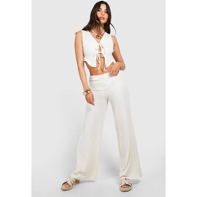boohoo Dames Textured Crinkle Tie Front Top & Wijde Pijp Broek | Ecru | Maat: 8