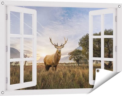 Gards Tuinposter Doorkijk Hert in het Landschap - 90x60 cm - Tuindoek - Tuindecoratie - Wanddecoratie buiten - Tuinschilderij