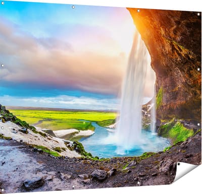 Gards Tuinposter Waterval van een Klif bij Zonsondergang - 150x120 cm - Tuindoek - Tuindecoratie - Wanddecoratie buiten - Tuinschilderij