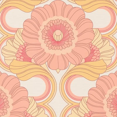 Retro behang Profhome 395305-GU vliesbehang hardvinyl warmdruk in reliëf licht gestructureerd met bloemen patroon mat roze crèmewit oudroze okergeel 4,5 m2