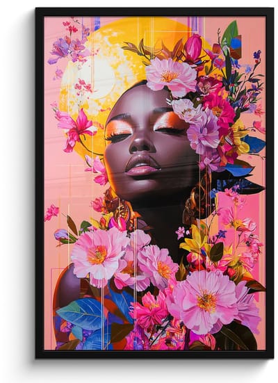 Poster in lijst - Fotolijst 60x90 cm - Posters - Kleurrijk - Bloemen - Vrouw - Zon - Posterlijst zwart - Decoratie - Wanddecoratie woonkamer - Muurdecoratie slaapkamer