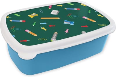Broodtrommel Blauw - Lunchbox - Brooddoos - Kantoor - Patronen - Potloden - 18x12x6 cm - Kinderen - Jongen