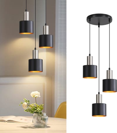 NETTLIFE Hanglamp Metaal - 3-Lichts - E27 Fitting - rond - Zwart goud - Retro Eettafel Pendellamp - Vintage - Hoogteverstelbaar Keukenlamp Hangend - voor Eetkamer | Woonkamer | Keuken - Zonder Lamp - Max.25W