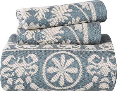 Luxe Katoenen Sprei Set (Queen) in Cerulean Blauw - Jacquard Bloemenpatroon