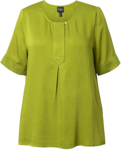 Ulla Popken - Dames - Overhemdblouse doorgestikte inzet A-lijn ronde hals - Grasgroen - Maat 62+